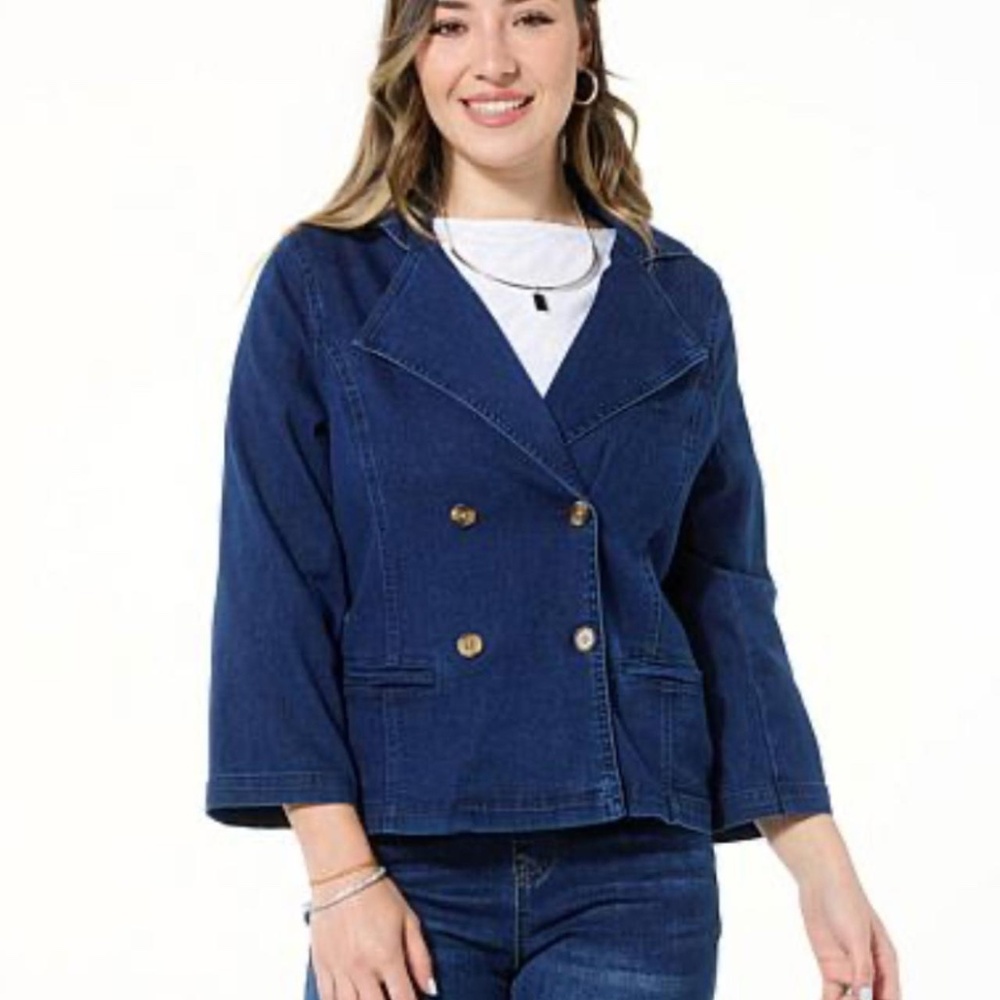 NWT DG2 by Diane Gilman Dream Drape Denim Double Bell Sleeves Breasted Jacket XL